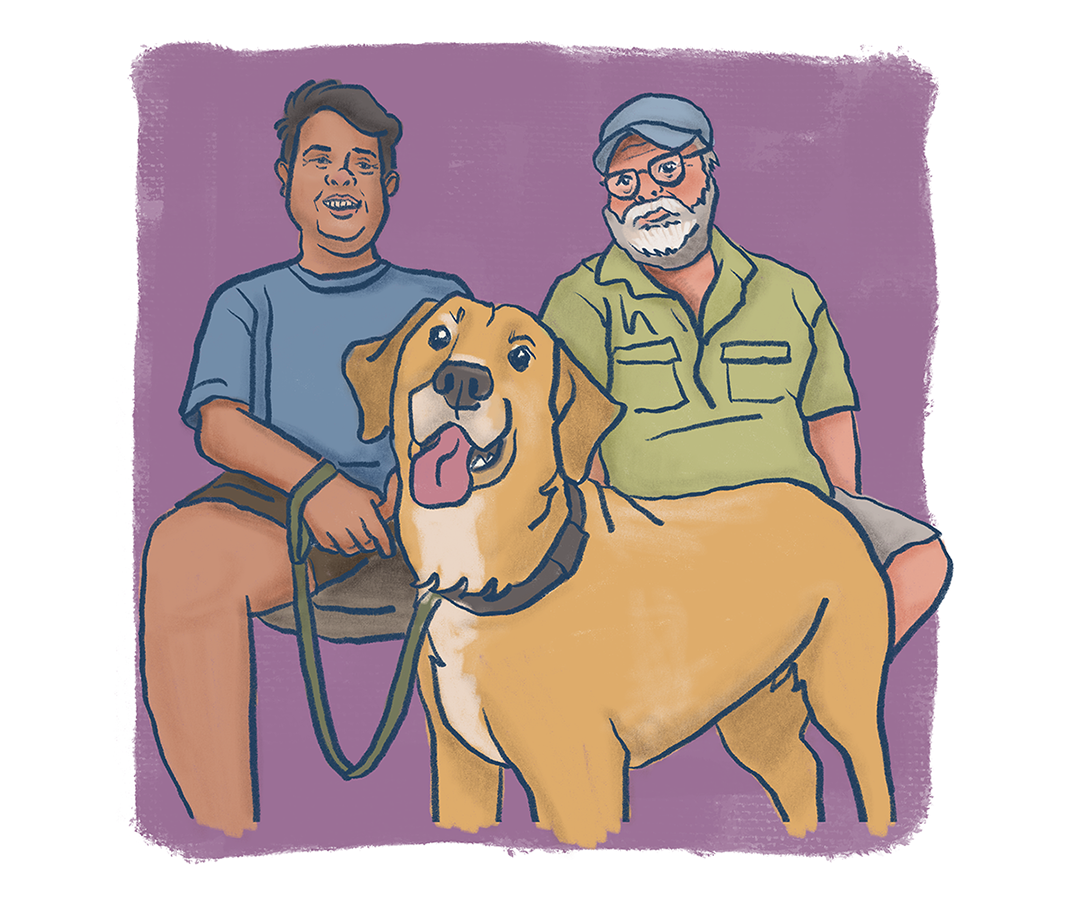 Sketchy illustration of a young Latine man and older white man with beard. The younger man has a large yellow lab mix on a leash who is looking directly at the viewer