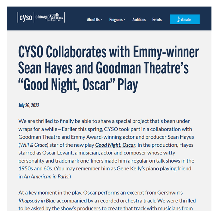 Screenshot of CYSO blog post titled "CYSO Collaborates with Emmy-winner Sean Hayes and Goodman Theatre's "Good Night Oscar" Play