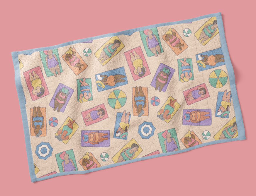 Mockup of a beach towel featuring illustrated pattern of diverse fat women lounging on the beach