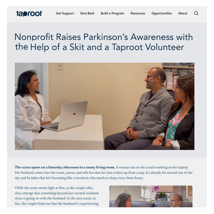 Screenshot of Taproot Foundation blog with post about a pro bono writer who helped a nonprofit raise awareness for Parkinson's