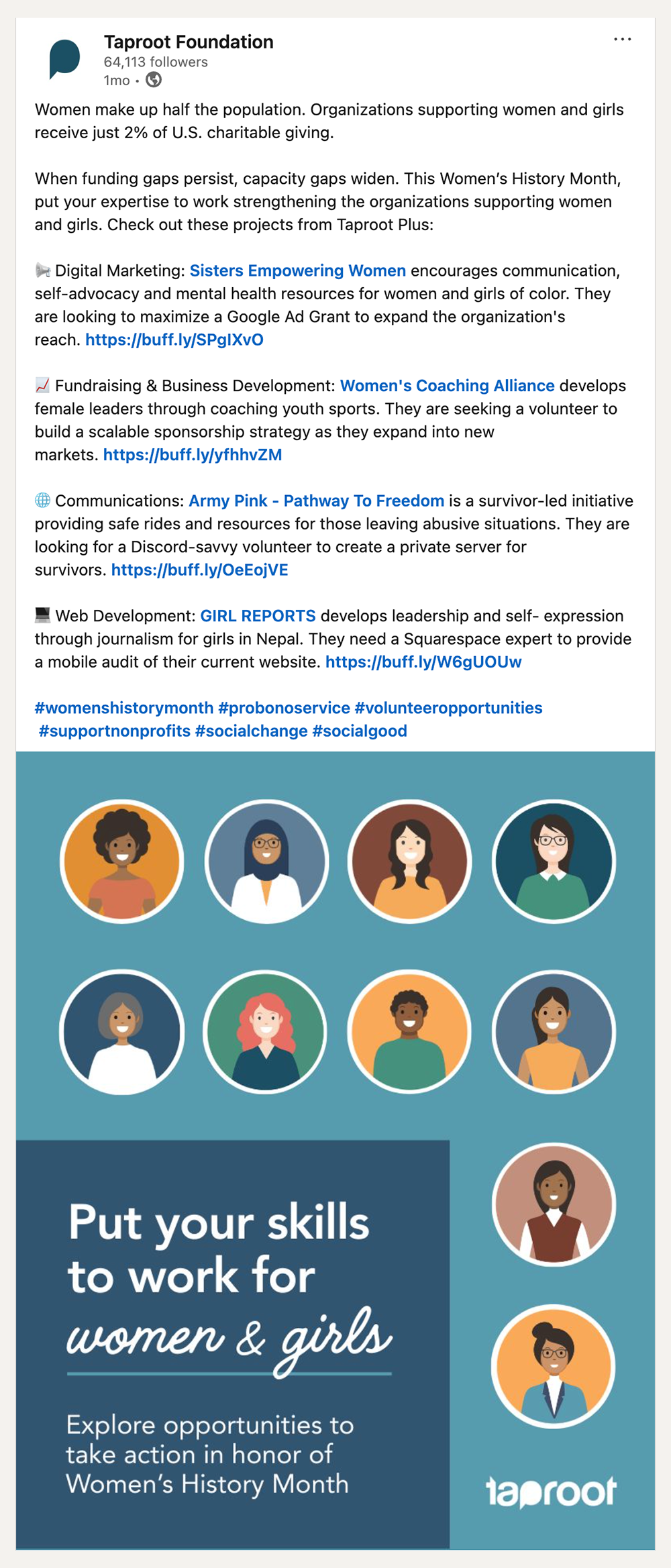Social media post from Taproot's LinkedIn featuring volunteer opportunities for Women's History Month
