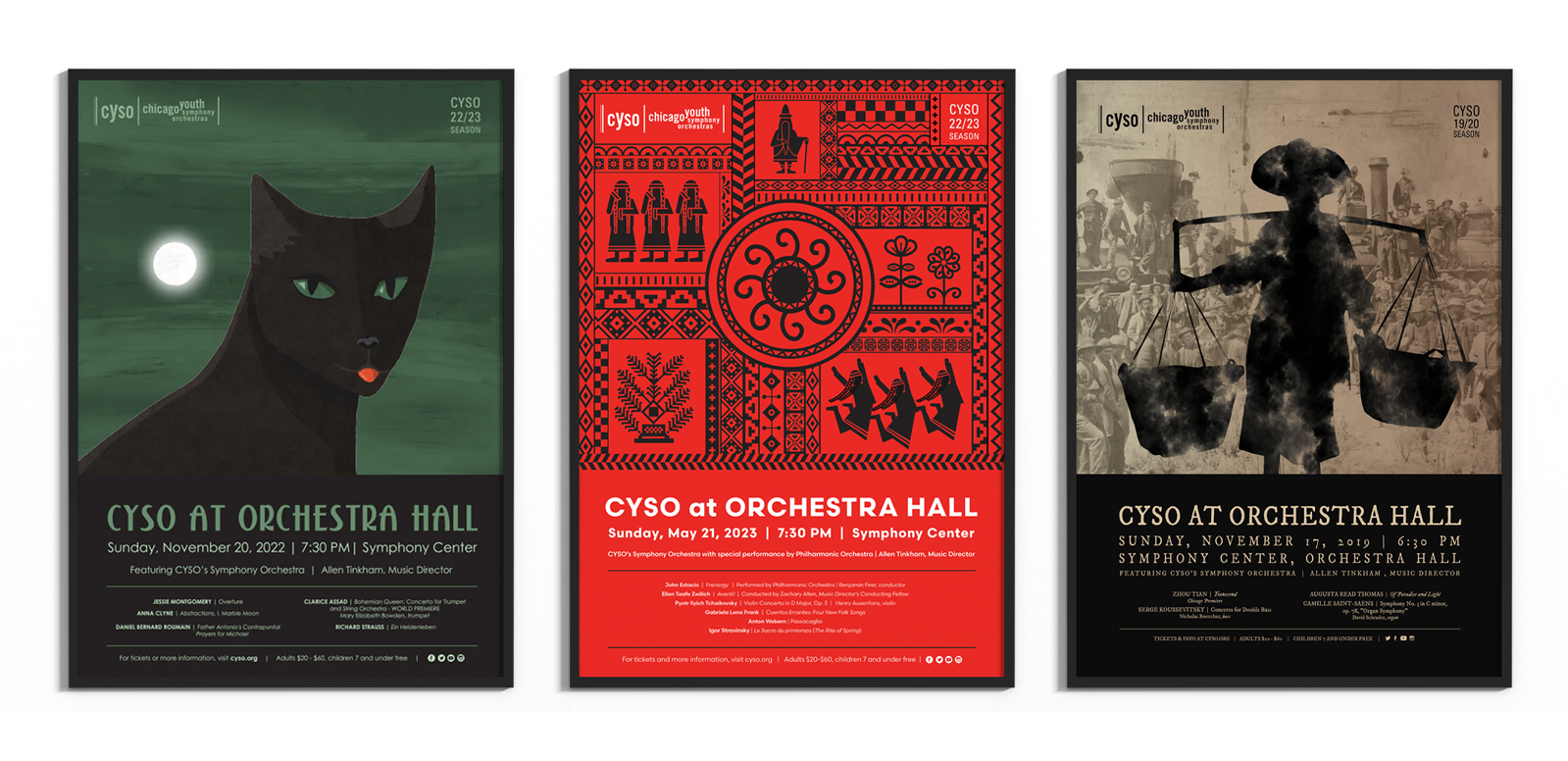 Three posters in black frames. The first is an homage to a Gertrude Abercrombie painting of a black cat, the second European folk art in black and red, and the third a ghostly image of a person carrying water in traditional Chinese styl