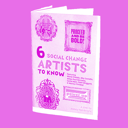Image of a one-page folded zine titled 6 Social Change Artists to Know with orchid purple color overlay