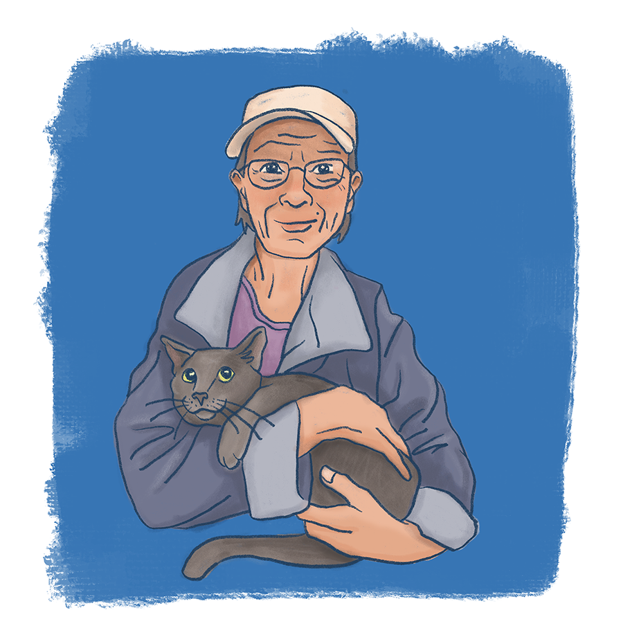 Sketchy illustration of an older white woman in baseball cap holding her gray cat