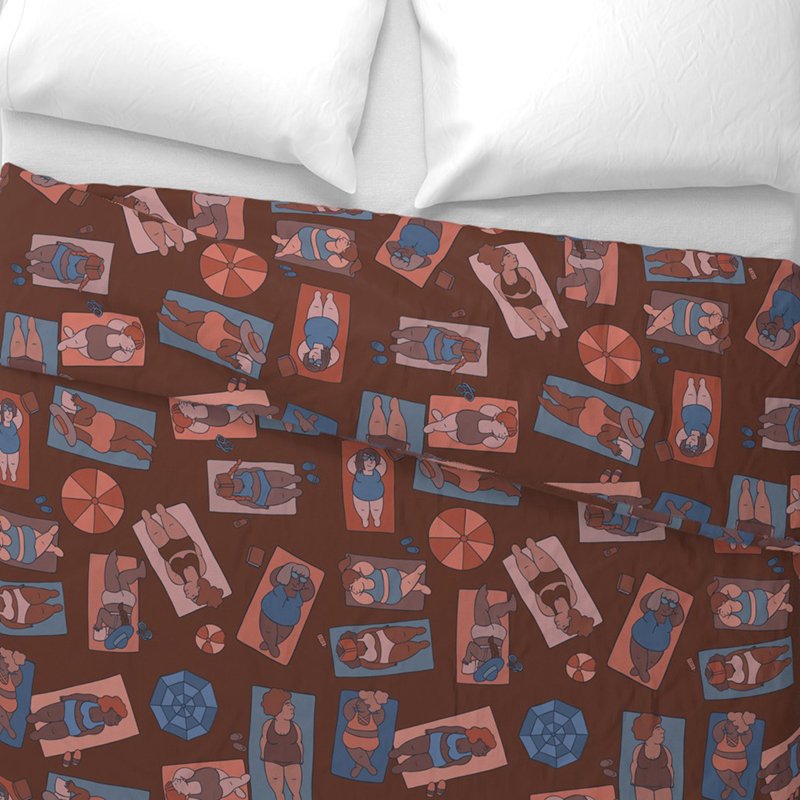 Mockup of a duvet cover featuring illustrated pattern of diverse fat women lounging on the beach