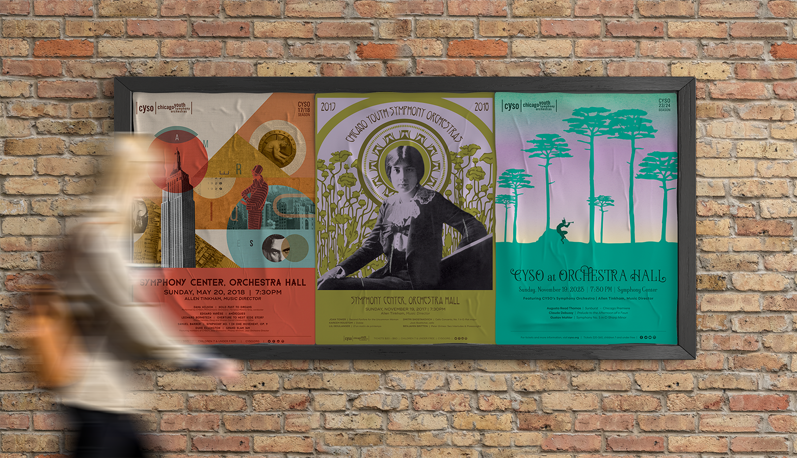 A brick wall with blurred person walking by and three posters mocked up like wheatpasted posters