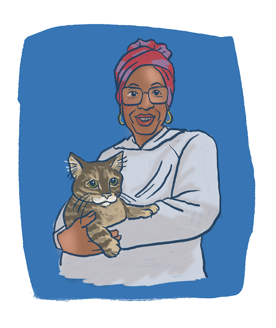 Sketchy illustration of an older Black woman in a red and purple head wrap holding her gray cat
