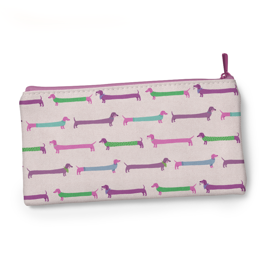 Zipper pouch with pattern of colorful dauschunds