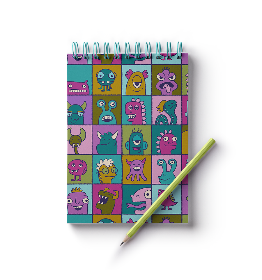 A brightly colored illustrated pattern of monster in individual boxes mocked up on a notepad