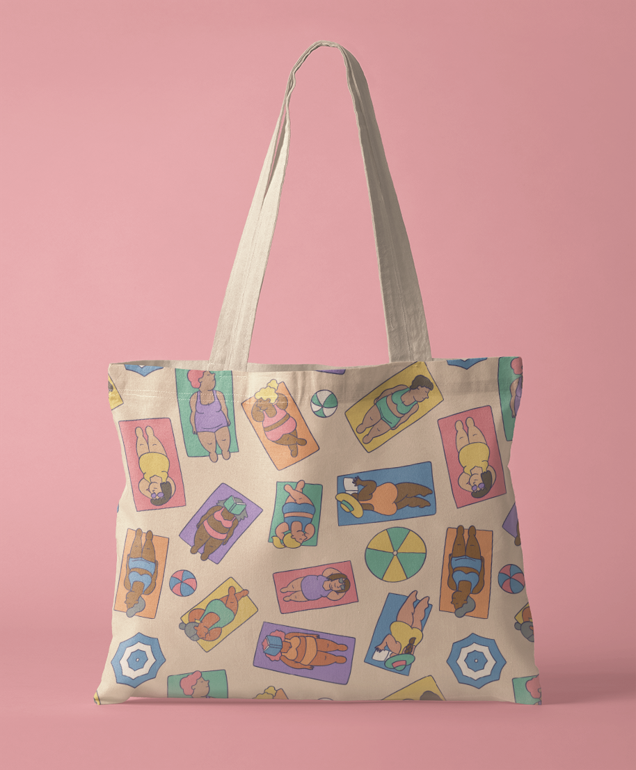 Mockup of a tote bag featuring illustrated pattern of diverse fat women lounging on the beach
