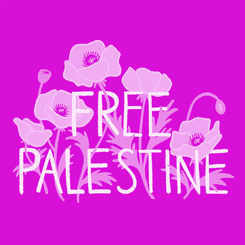 Image of poppy flowers intertwined with hand-written text Free Palestine with orchid purple color overlay
