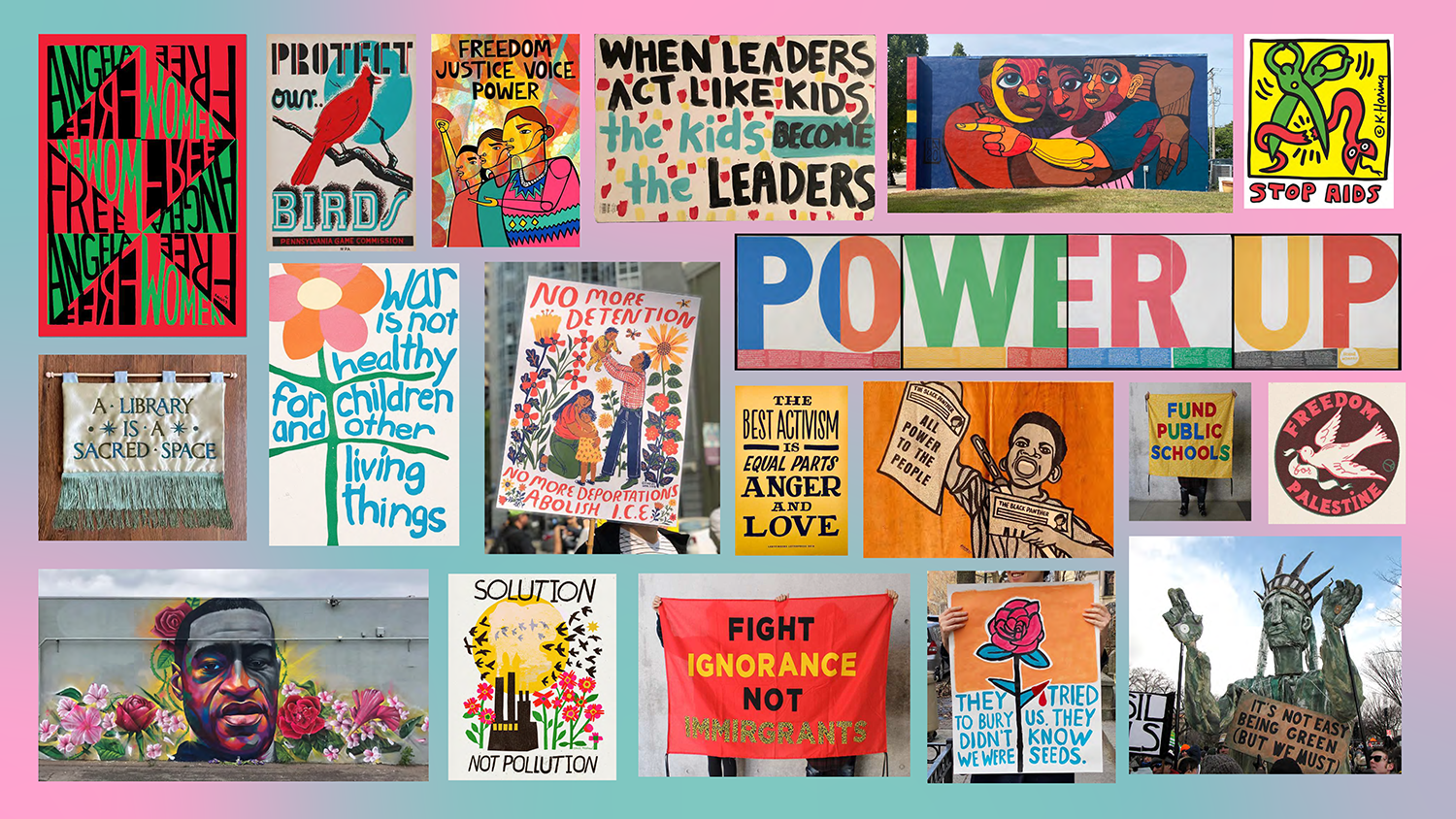 Slide featuring colorful examples of protest art