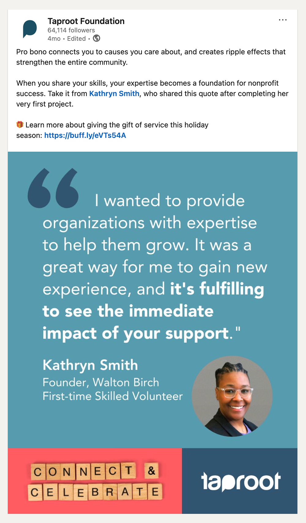 Social media post from Taproot's LinkedIn featuring quote from volunteer Kathryn Smith and reads "I wanted to provide organizations with expertise to help them grow. It was a great way for me to gain new experience."
