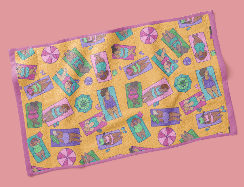 Mockup of a beach towel featuring illustrated pattern of diverse fat women lounging on the beach