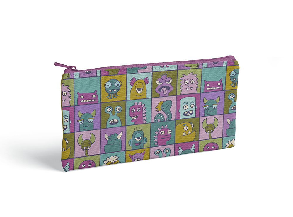 A brightly colored illustrated pattern of monster in individual boxes mocked up on a zipper pouch