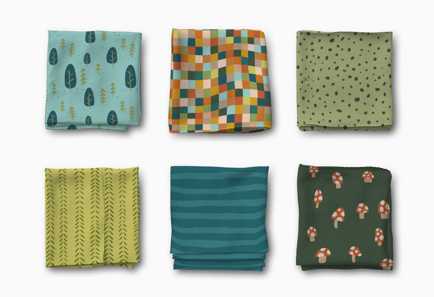 Folded piles of 6 different fabric