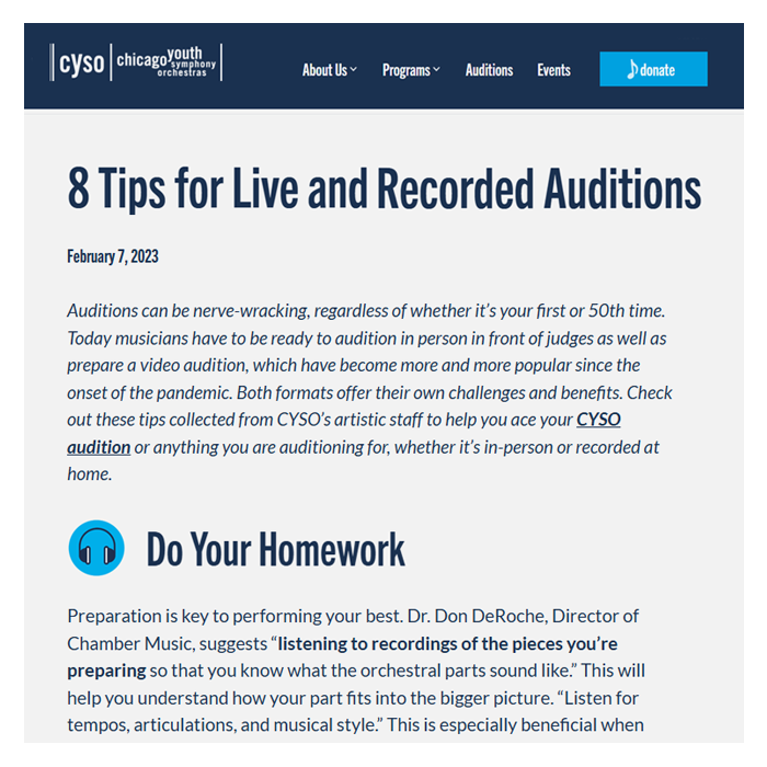 Screenshot of CYSO blog post titled "8 Tips for Live and Recorded Auditions"