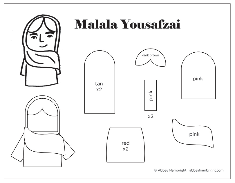 A printable sheet with templates to cut out the felt pieces of a Malala finger puppet