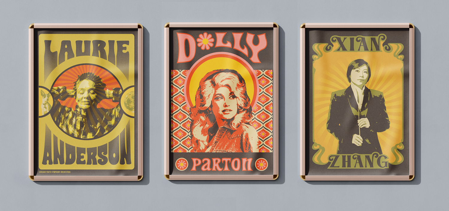 Posters of Laurie Anderson, Dolly Parton, and Xian Zhang in rock poster style
