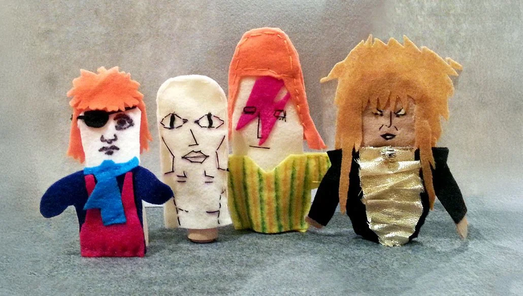 Four handmade felt finger puppets of David Bowie