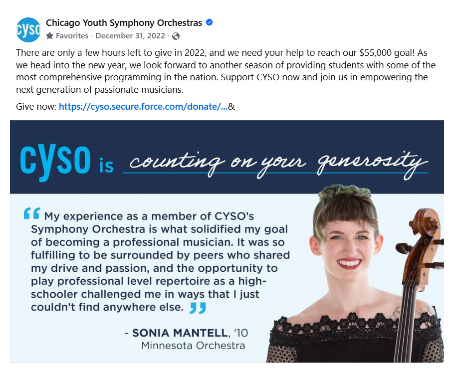 Screenshot of a post from Facebook for the "CYSO is" fundraising campaign