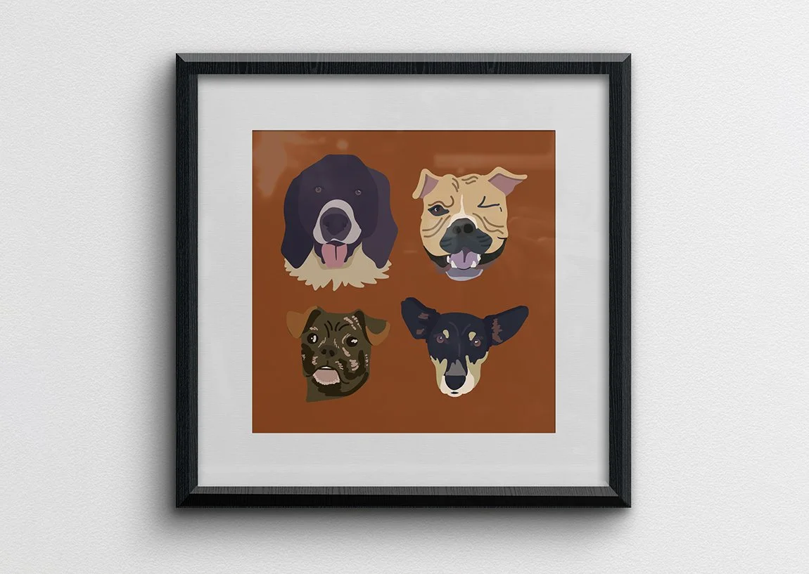 Framed image of four digitally illustrated dogs on a red-brown background.