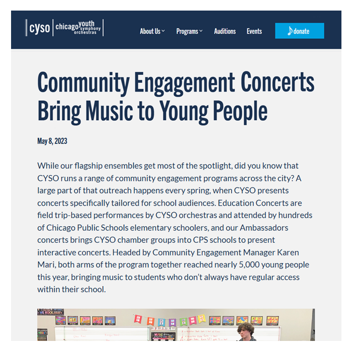 Screenshot of CYSO blog post titled "Community Engagement Concerts Bring Music to Young People"