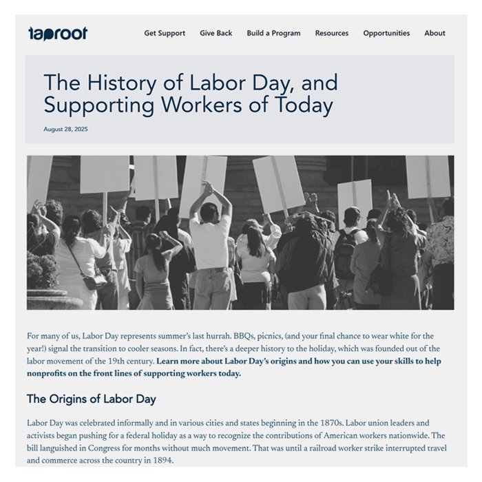Screenshot of Taproot blog post titled "The History of Labor Day: Supporting Workers of Today"