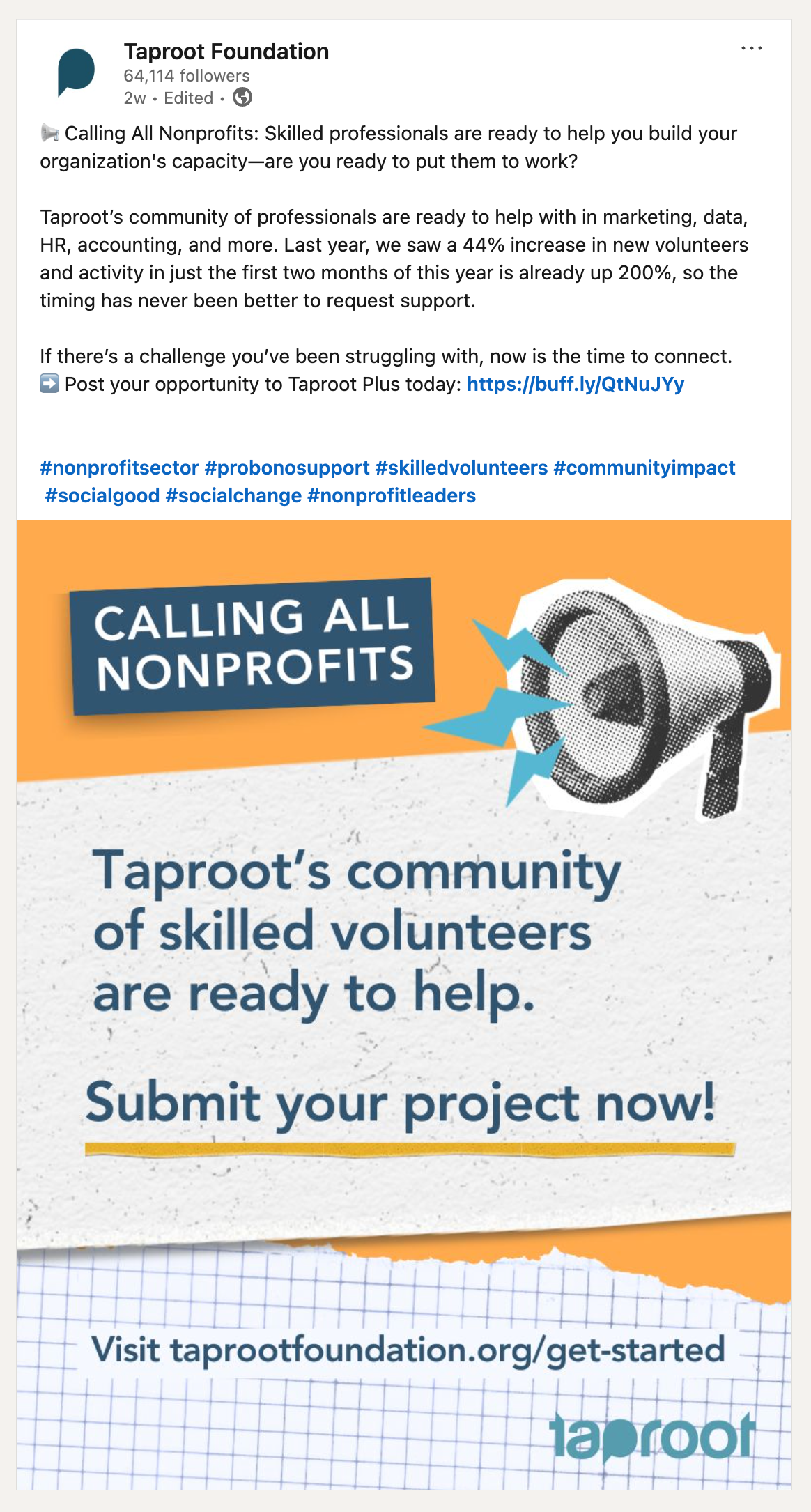 Social media post from Taproot's LinkedIn featuring a call to nonprofits to submit projects for volunteer assistance