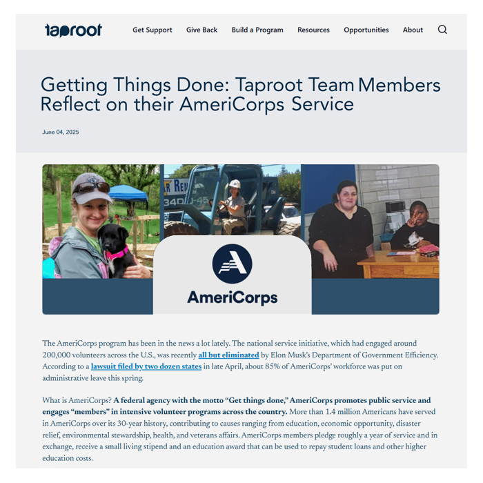 Screenshot from Taproot Foundation's blog with post about team members who served in AmeriCorps