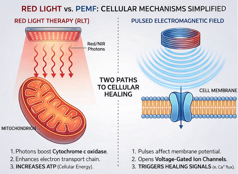 Red light therapy vs PEMF diagram showing how red and near-infrared light affect mitochondria while PEMF affects cell membrane signalling.