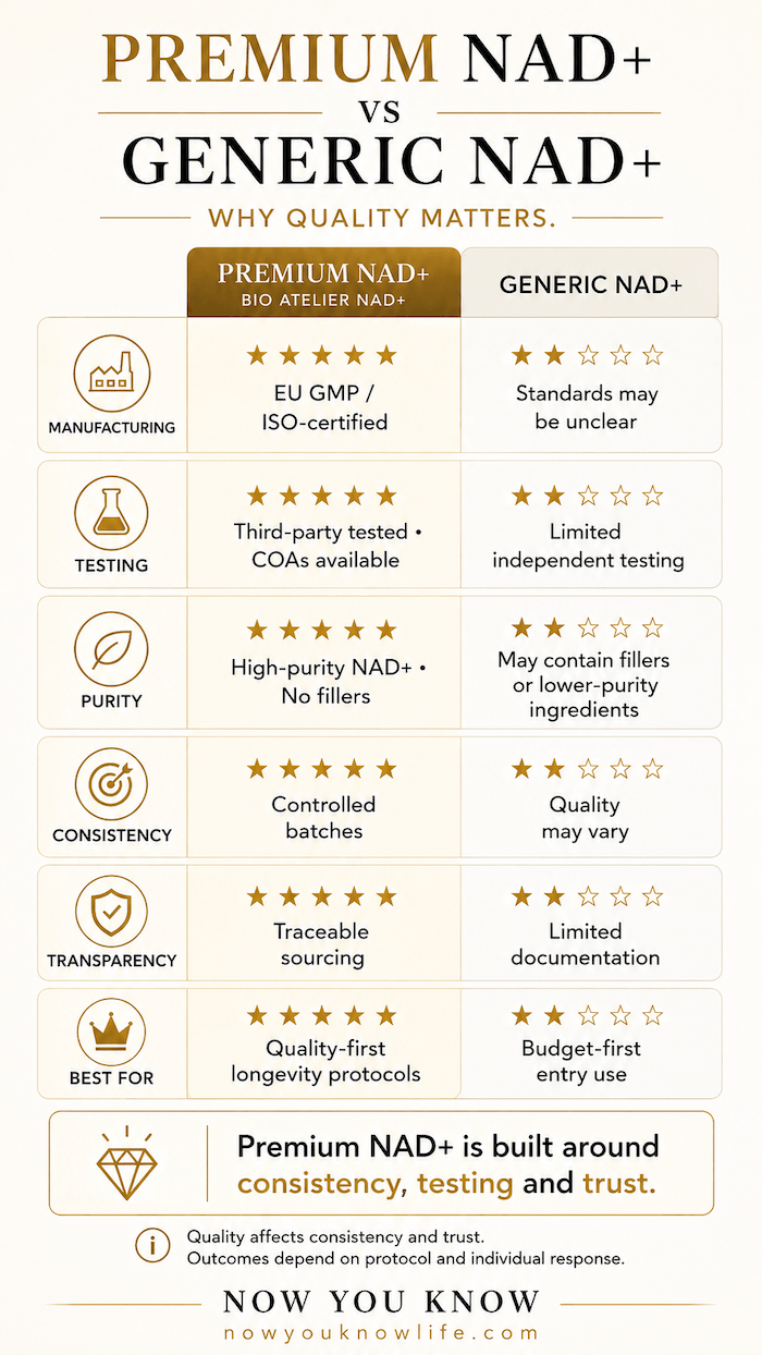 Premium NAD+ vs generic NAD+ comparison showing manufacturing, testing and purity differences.