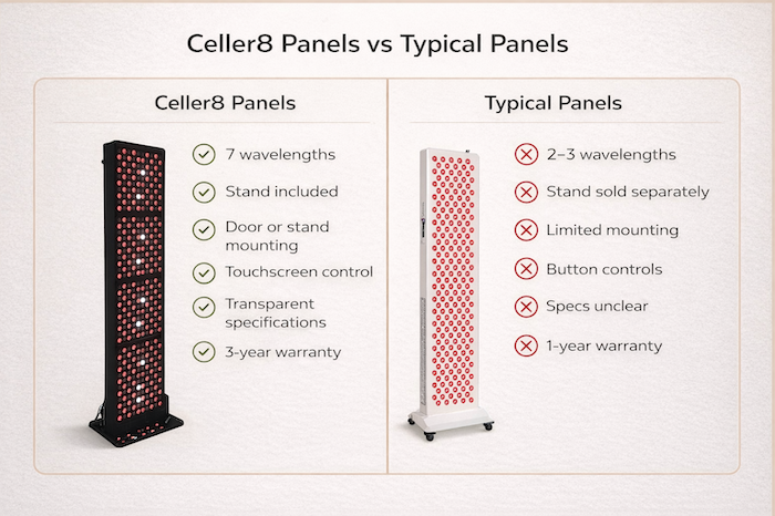 Comparison chart of Celler8 7-wavelength panel features vs typical 2-wavelength red light therapy panels.