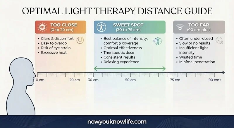 Red Light Therapy Distance Chart (30cm to 90cm) - Click to use our 2026 Treatment Time & Irradiance Calculator for UK panels.