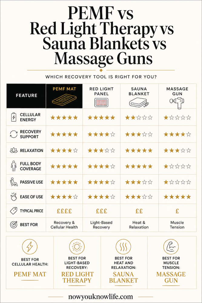 PEMF mat vs red light therapy vs sauna blanket vs massage gun comparison chart