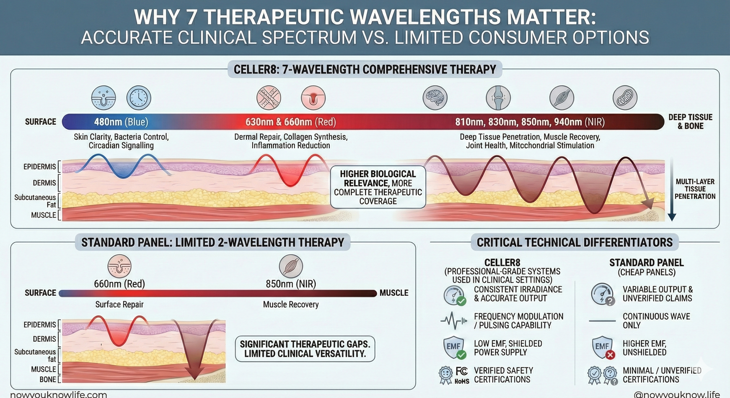 Diagram comparing seven therapeutic red and near-infrared wavelengths versus limited two-wavelength panels.