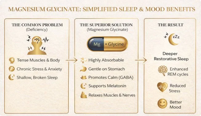 Infographic explaining how magnesium glycinate supports sleep quality and relaxation.