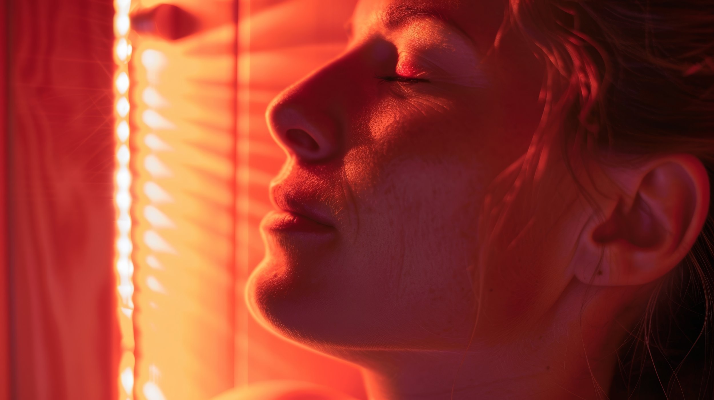 Red light therapy panel emitting red and near-infrared wavelengths for skin, recovery, and cellular health.