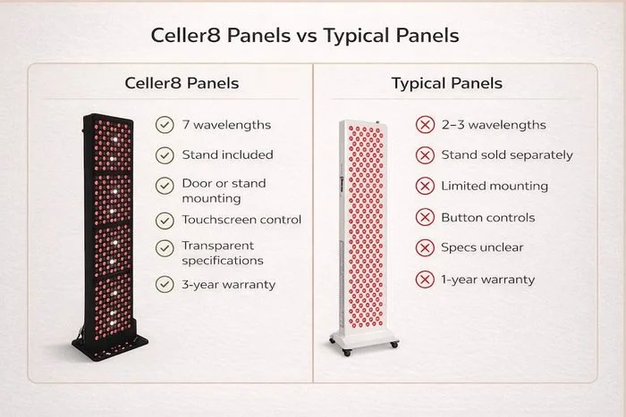 Comparison chart of Celler8 and typical red light therapy panels showing key differences in features, wavelengths and warranty.