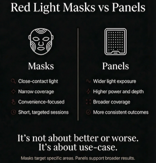 Comparison chart showing red light therapy mask vs panel benefits, coverage, and power output.