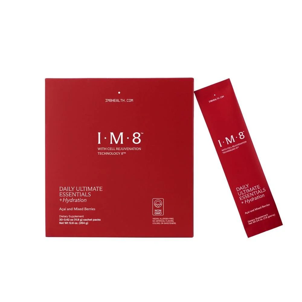 IM8 daily essentials hydration sachets and packaging for everyday nutritional support.