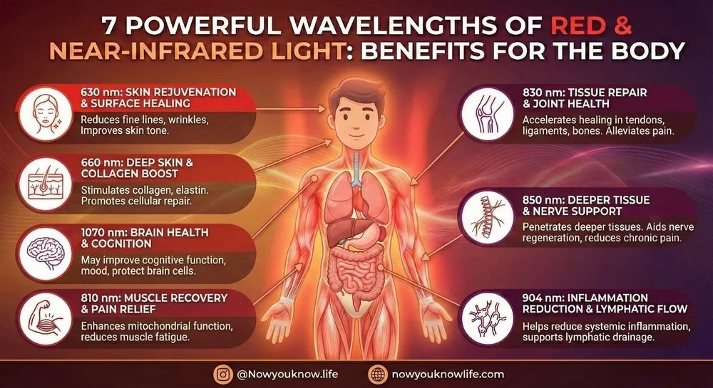 Diagram showing the seven key red and near-infrared light therapy wavelengths and their effects on skin, muscles, joints, brain, and recovery.