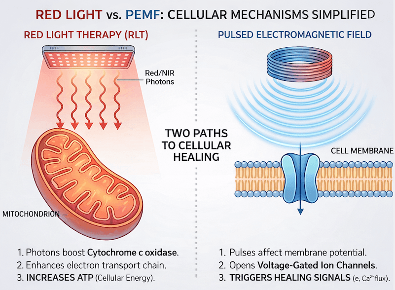 Simple visual guide comparing red light therapy and PEMF therapy, including mitochondria, ATP, cell membranes and recovery pathways.