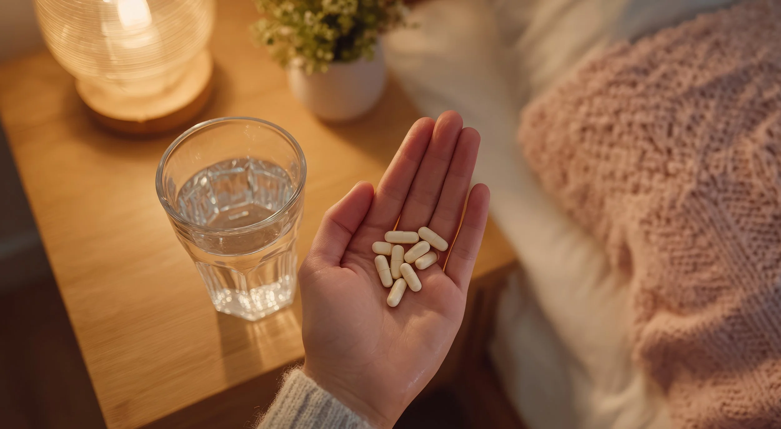 Close up of a person holding clinical grade health supplements that are third party tested to enhance sleep and wellbeing and cellular energy