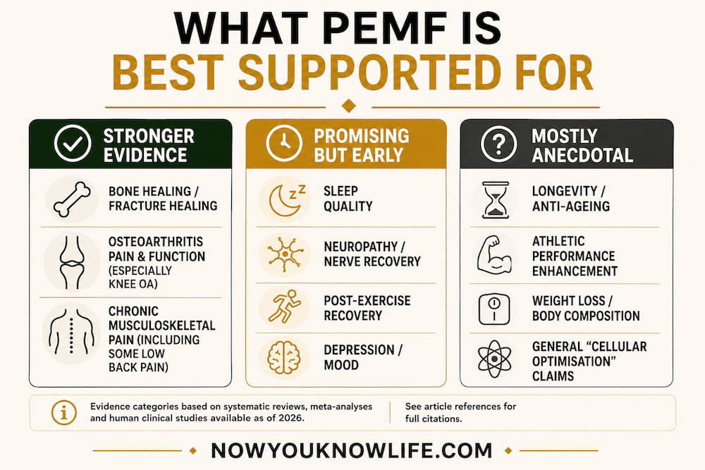 PEMF therapy evidence chart showing stronger evidence, emerging evidence, and anecdotal uses.