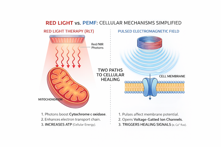 Description (alt text): Diagram comparing red light therapy and PEMF showing different cellular mechanisms of action.