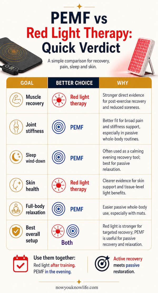 PEMF vs red light therapy comparison chart showing which recovery tool is better for muscle recovery, joint stiffness, sleep, skin health and full-body relaxation.