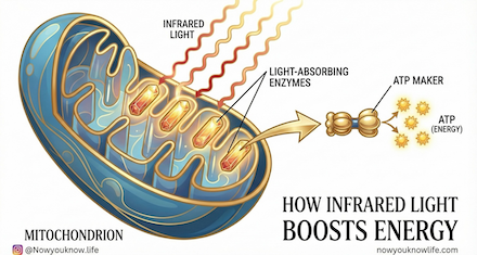 Diagram showing red and near infrared light activating mitochondria to increase ATP and cellular energy