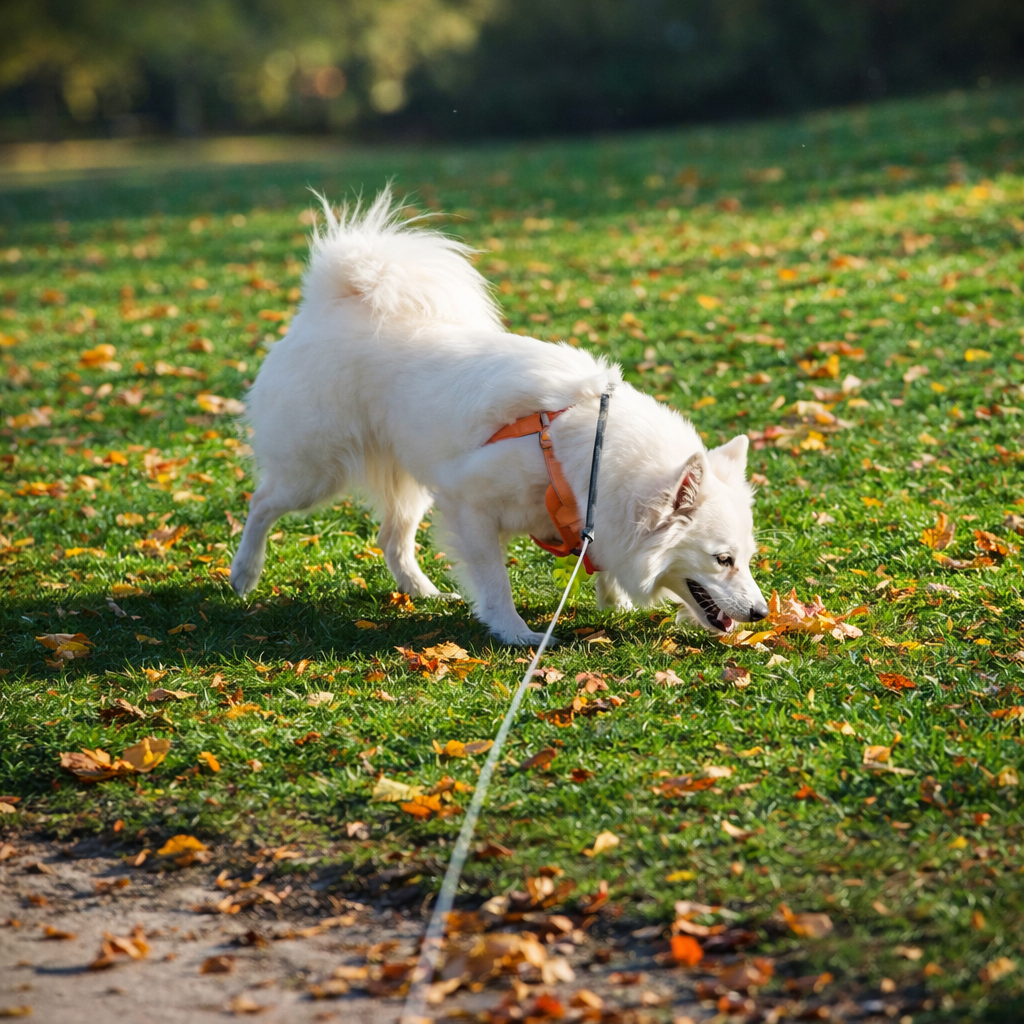 A white dog with a harness sniffing foliage on a grassy field with fallen leaves.
