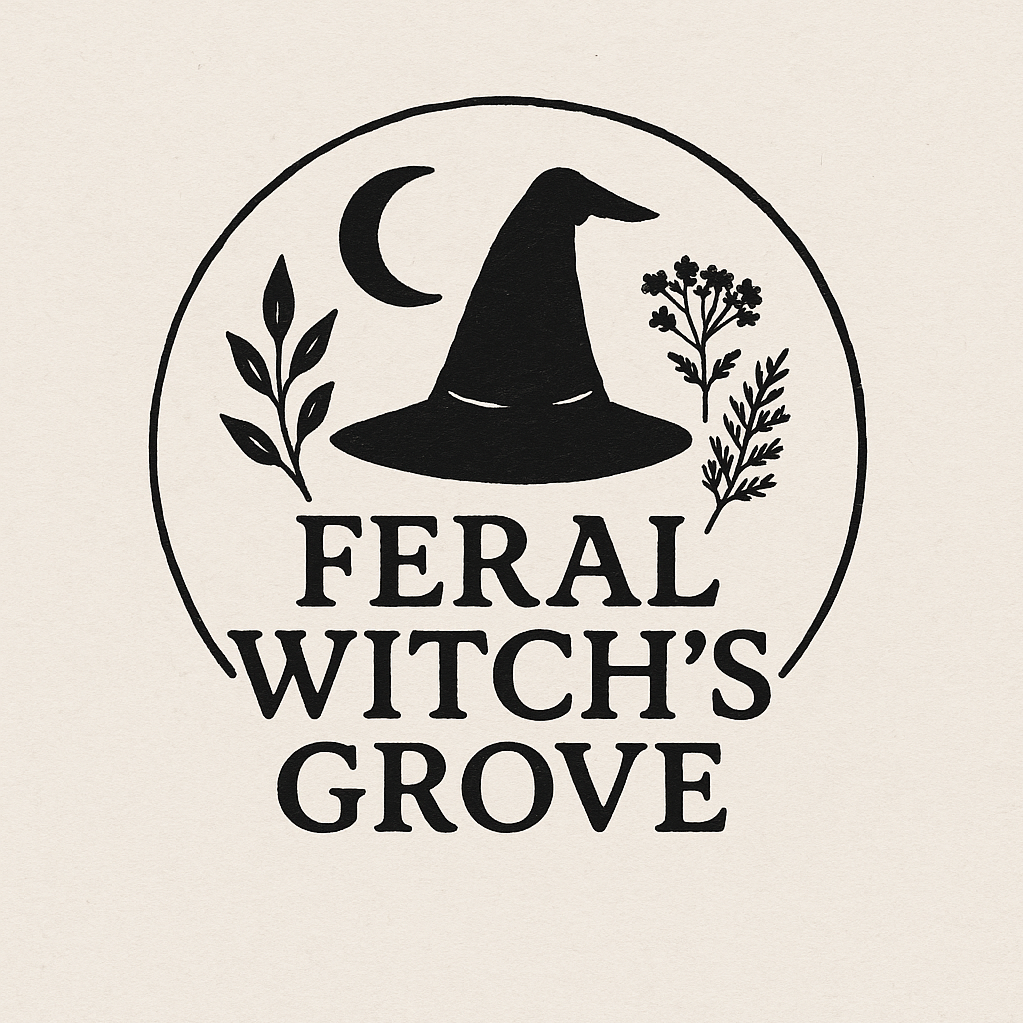 A logo for Feral Witch's Grove featuring a witch's hat, a crescent moon, and plant illustrations, all in black on a light background.